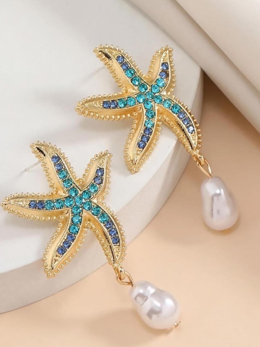 Anthropologie Gold Starfish Earrings with Blue and Teal Crystals and Pearl Drops